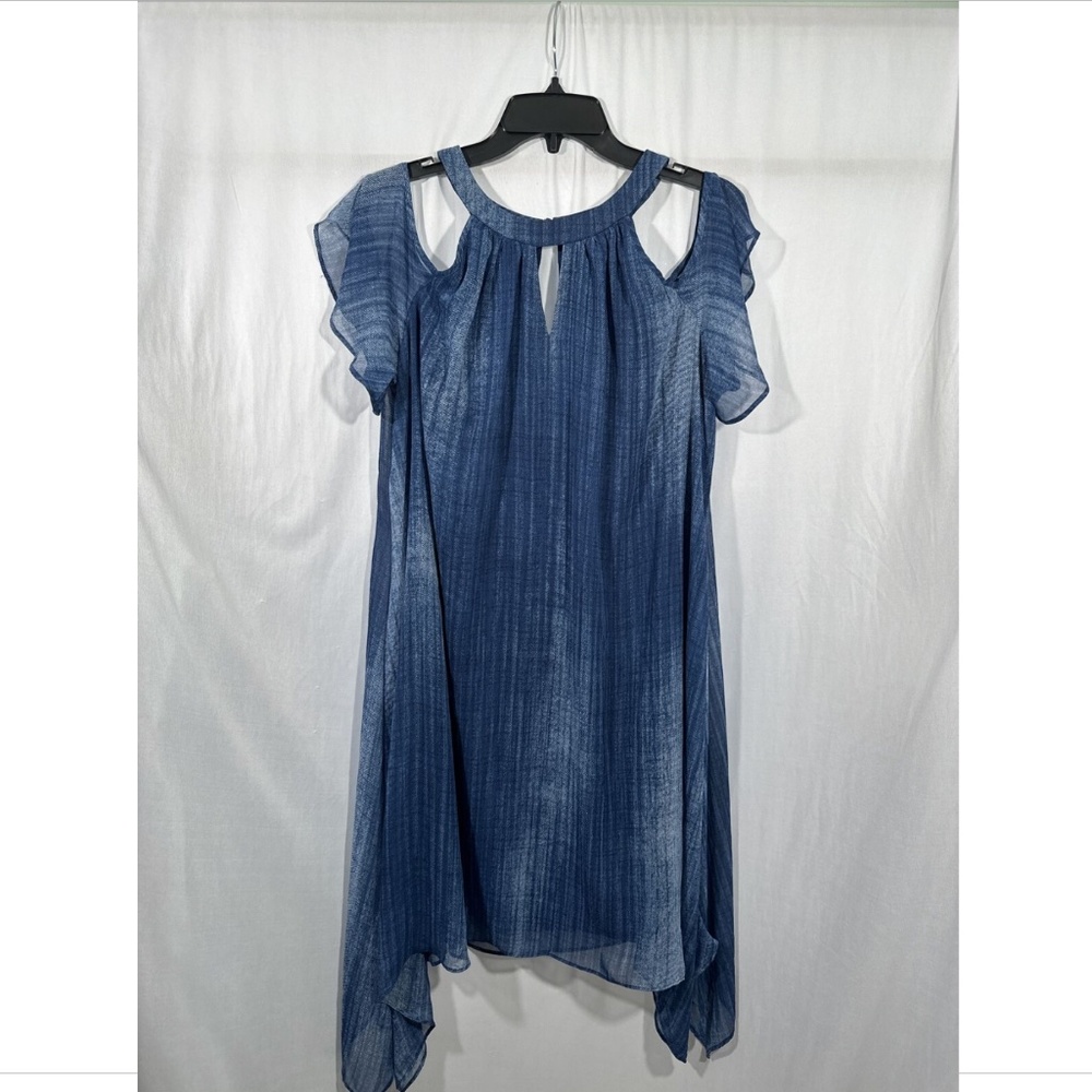 $130 Chicos [ 3‎ ] Indigo Cold-Shoulder Handkerchief Hem Dress Blue
